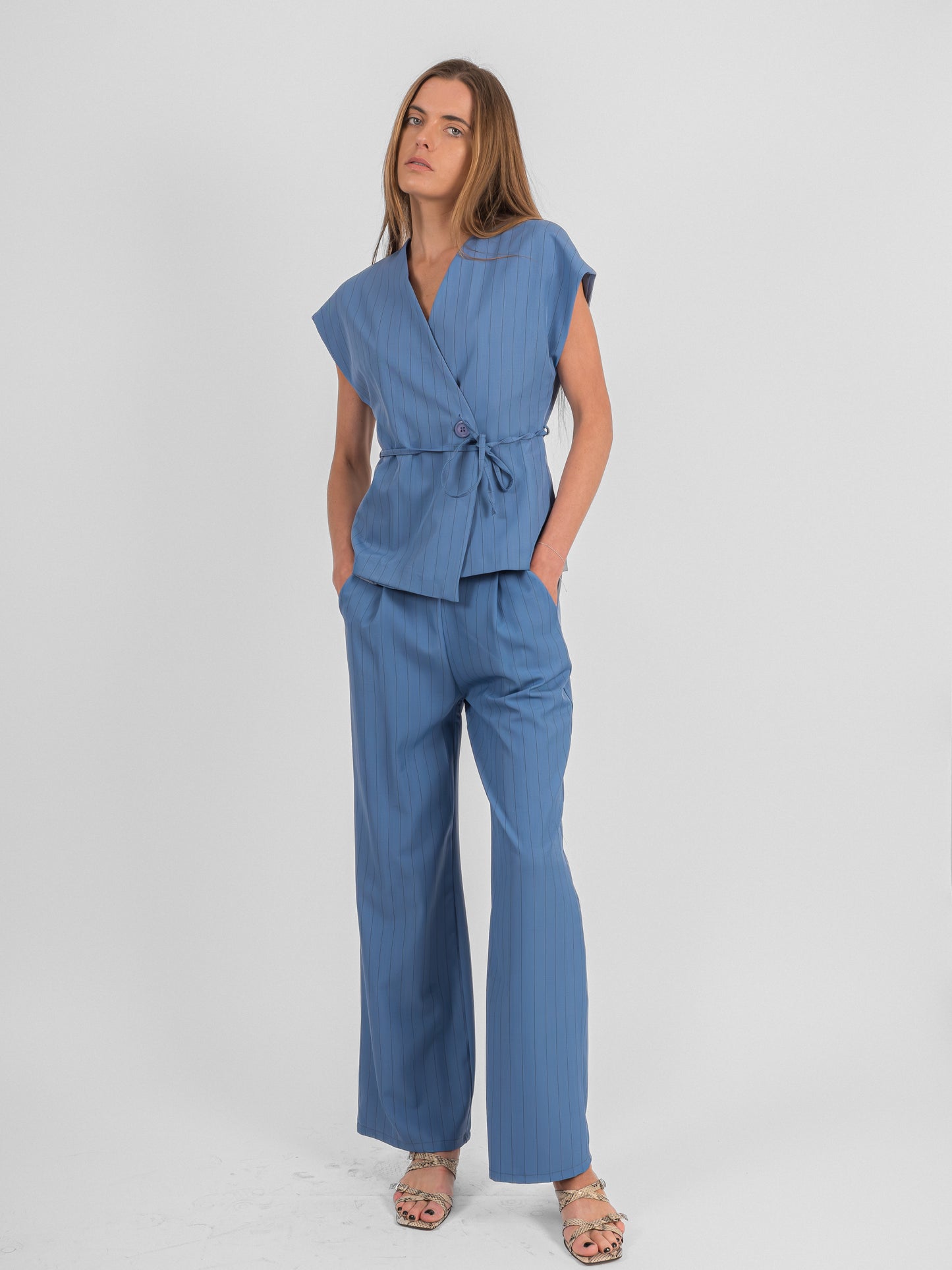 Ensemble rayé pantalon blazer sans manches